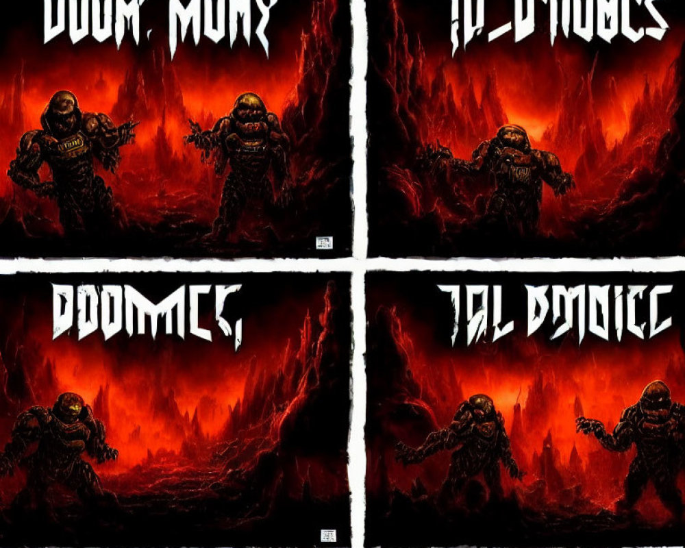 Four-panel artwork of a character resembling Doom's protagonist in fiery backdrop with mirrored "DOOM" text