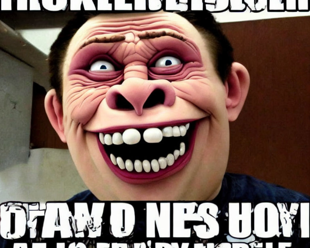 Exaggerated caricature face with meme-style text