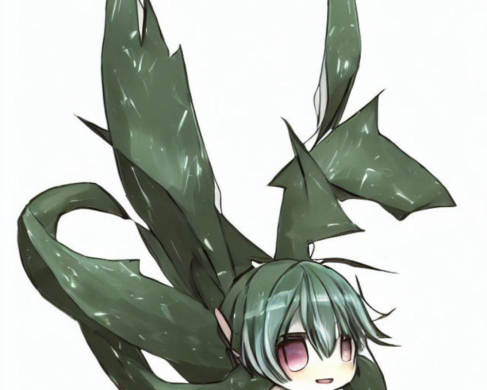 Chibi character with dragon wings, green hair, tunic, and shy pose