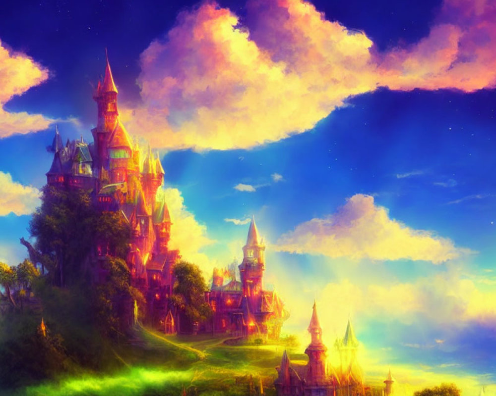 Majestic castle atop hill in vibrant fantasy painting