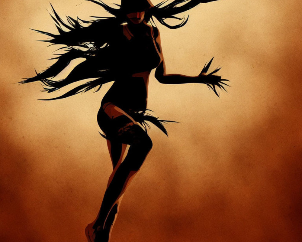 Mysterious silhouette with flowing hair against sepia background