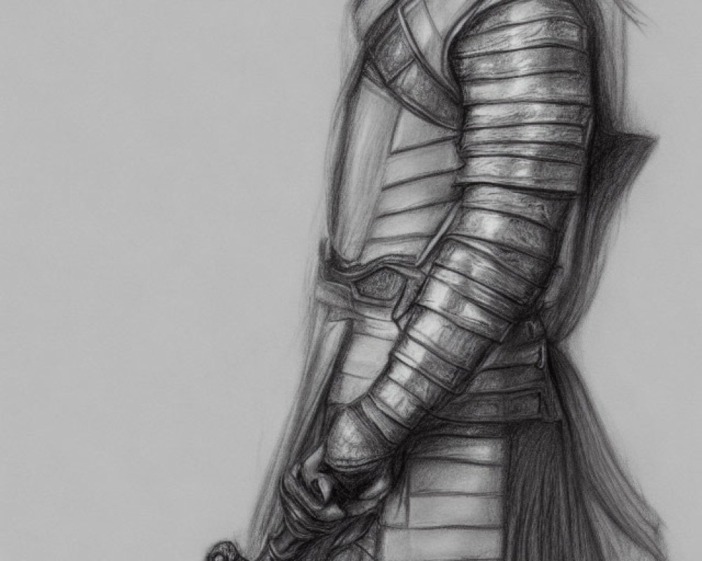 Detailed pencil sketch of long-haired knight in armor holding sword