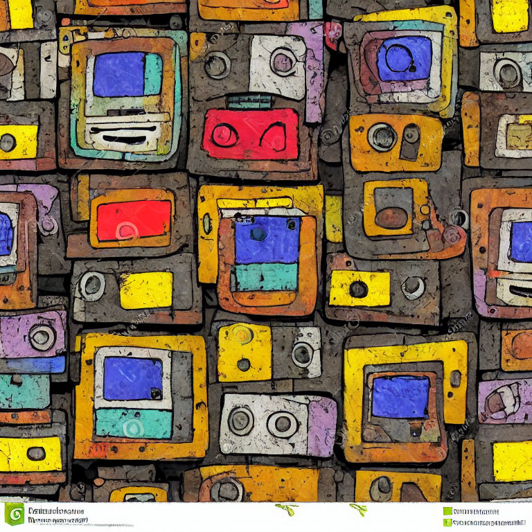 Vibrant abstract art of retro electronic devices in mosaic pattern
