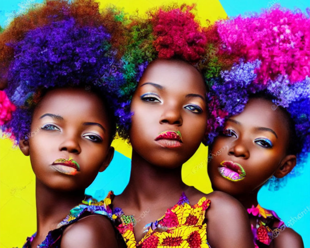 Colorful Afro Hairstyles and Bold Lipstick on Three Women Against Blue Background