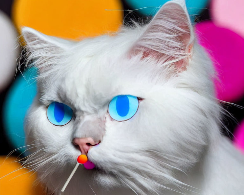 Fluffy white cat with blue eyes holding a lollipop stick among colorful balloons
