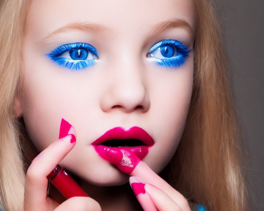 Vibrant pink lipstick and striking blue eye makeup on a young girl