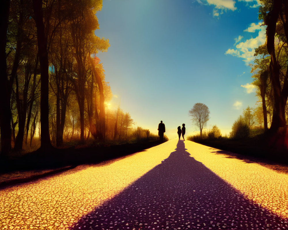 Couple Walking on Vibrant Sunlit Path with Long Shadows