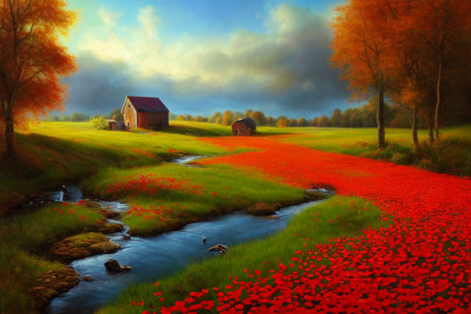 Colorful landscape with red poppy field, stream, barn, trees, and dynamic sky