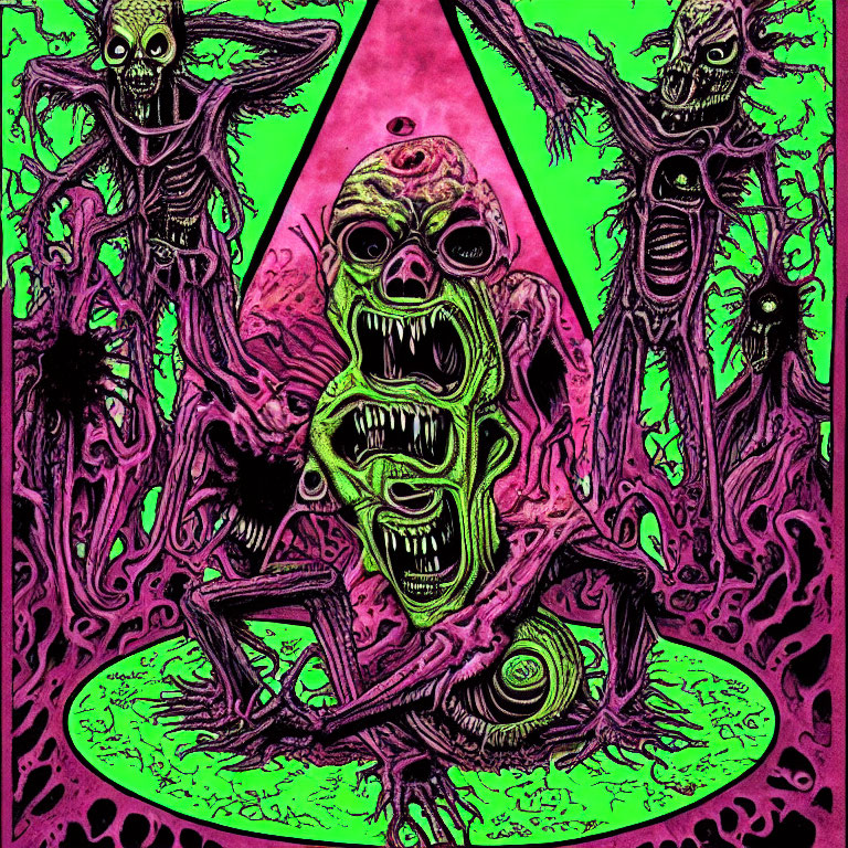 Colorful illustration of grotesque creature with skeletal figures on neon backdrop