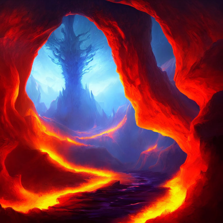 Fantasy cavern with luminescent lava and mystical tree under celestial sky