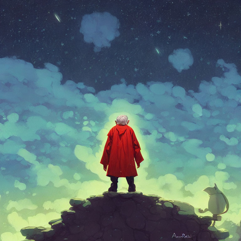 Person in Red Cloak Stargazing on Hill with Small Creature