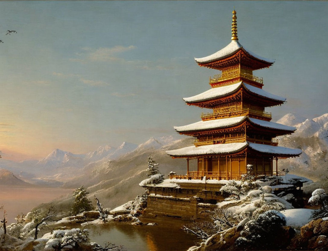 Traditional multi-tiered pagoda in snowy landscape with mountains, lake, and sun hues