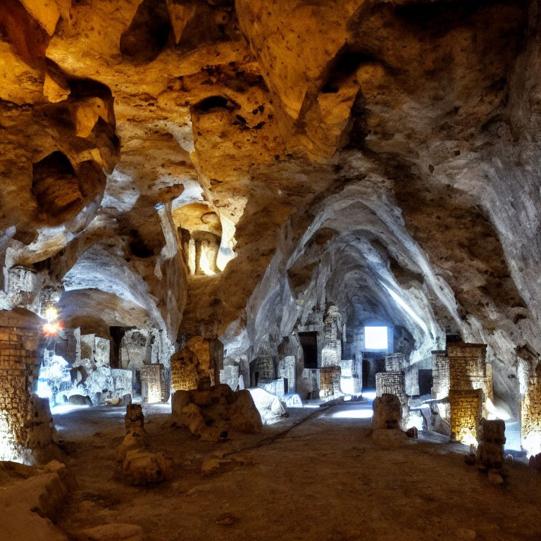Underground cave with rocky walls, stone pillars, walkways, and distant display screen