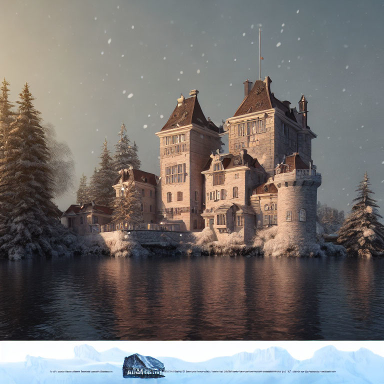 Snow-covered stone chateau by calm lake in winter scene