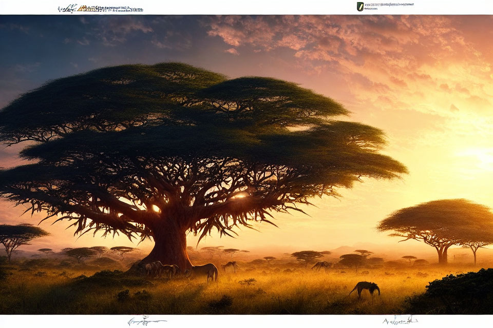 Majestic baobab tree in African savannah at sunset with grazing giraffes