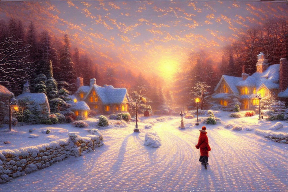 Snow-covered cottages and glowing street lamps in wintry village scene at sunset