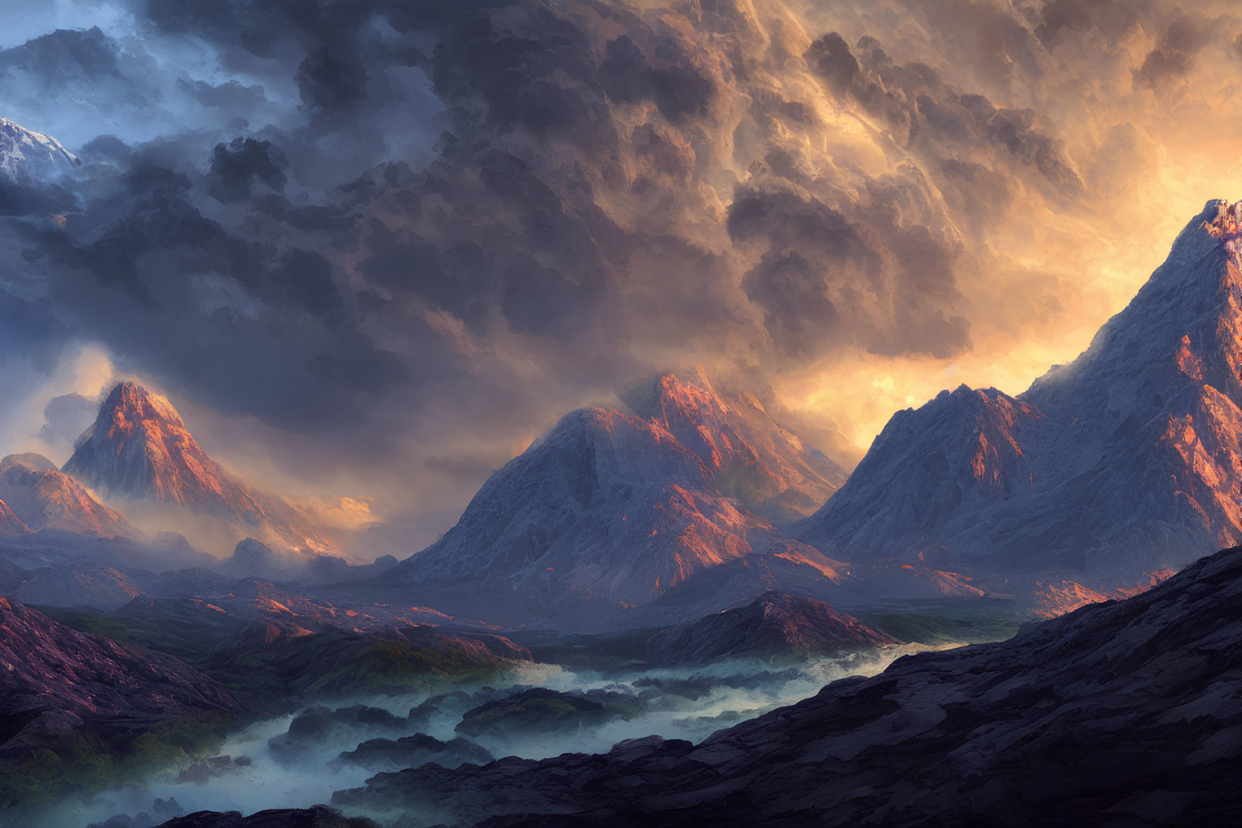 Dramatic landscape of rugged mountains under tumultuous sky