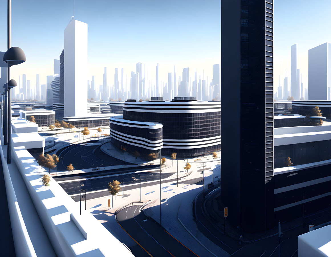 Futuristic cityscape with sleek skyscrapers and modern round building.