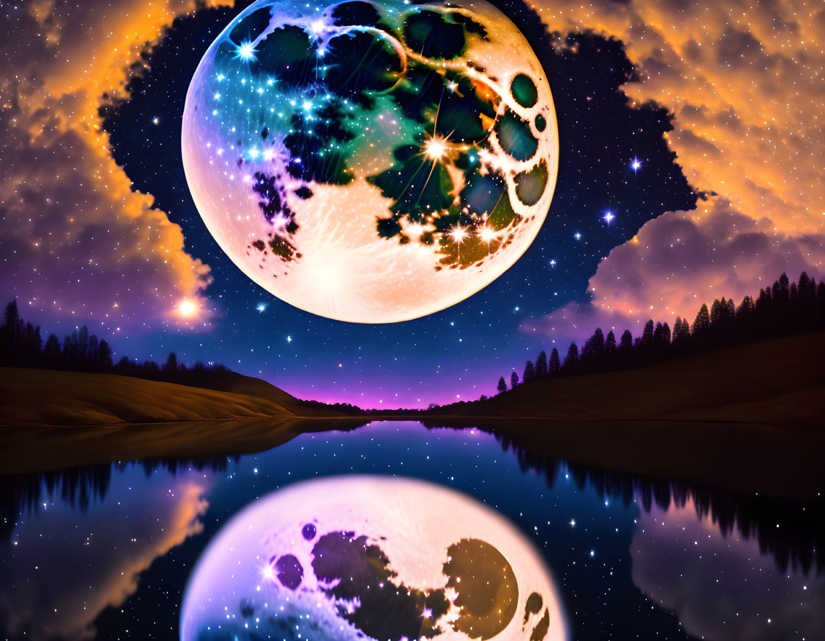 Gigantic moon over surreal night landscape with calm river
