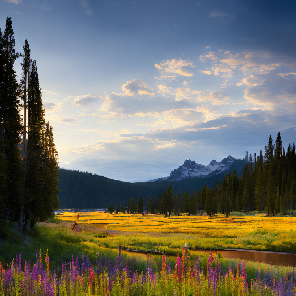 Tranquil meadow scene with wildflowers, pines, and mountains
