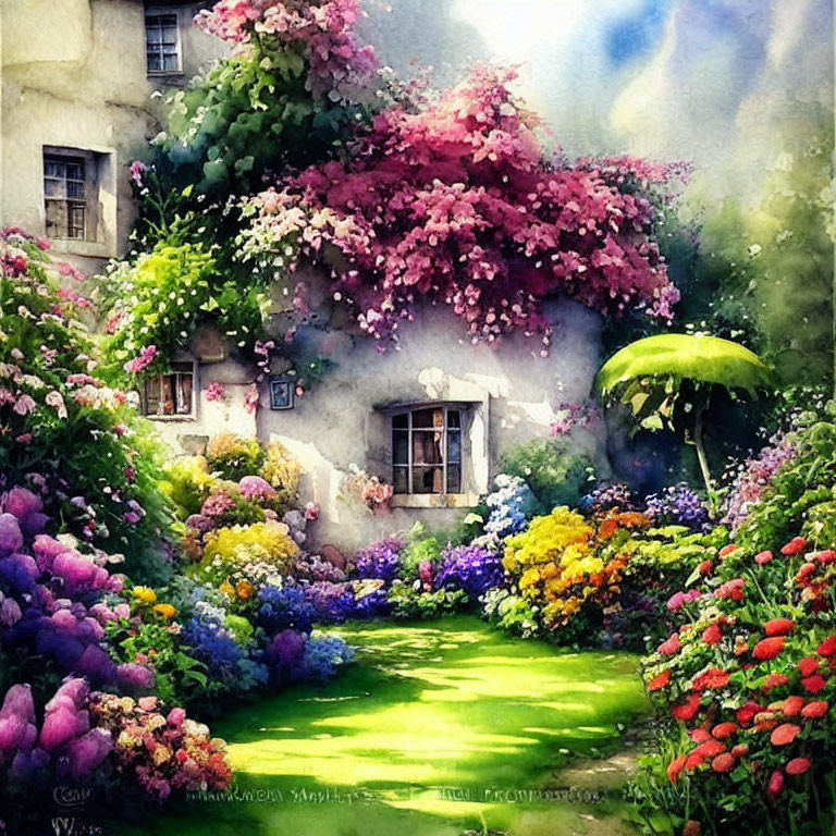 Colorful watercolor painting of cottage in nature