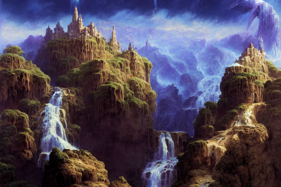 Mystical fantasy landscape with waterfalls, castles, mountains