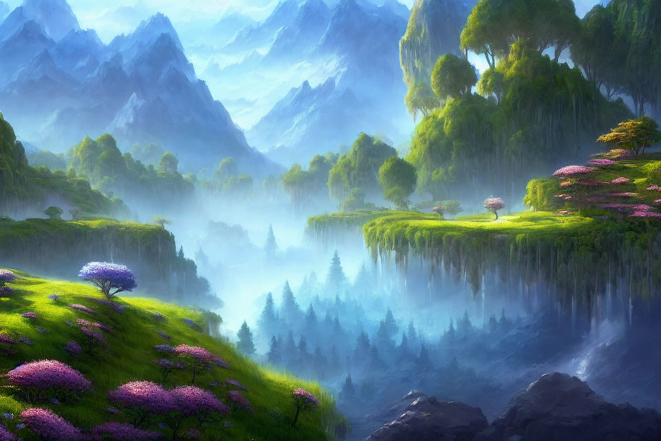 Tranquil fantasy landscape with greenery, purple trees, mist, and mountains
