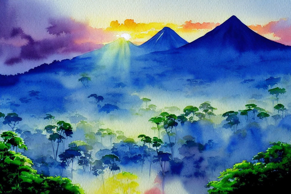 Vibrant watercolor painting of sunrise over misty tropical forest.