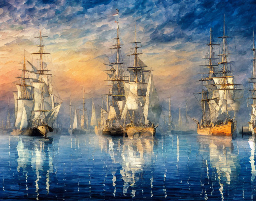 Tall-masted sailing ships on serene water at sunset