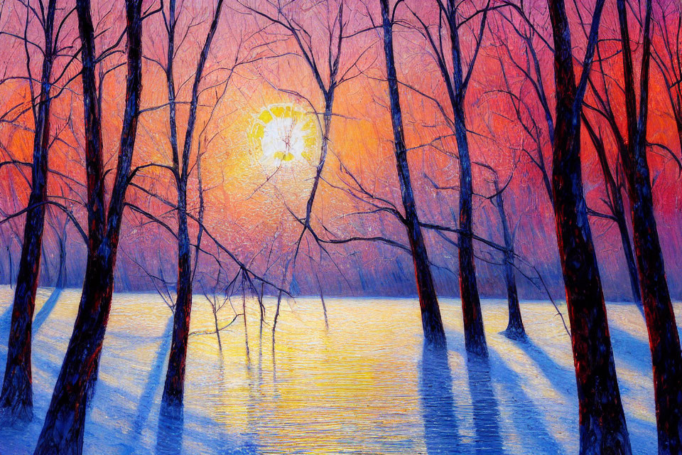 Sunset over snow-covered forest with orange and purple hues reflecting on frozen lake