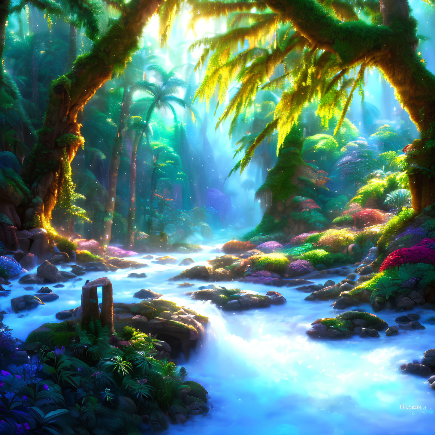 Lush greenery and misty river in enchanted forest scene