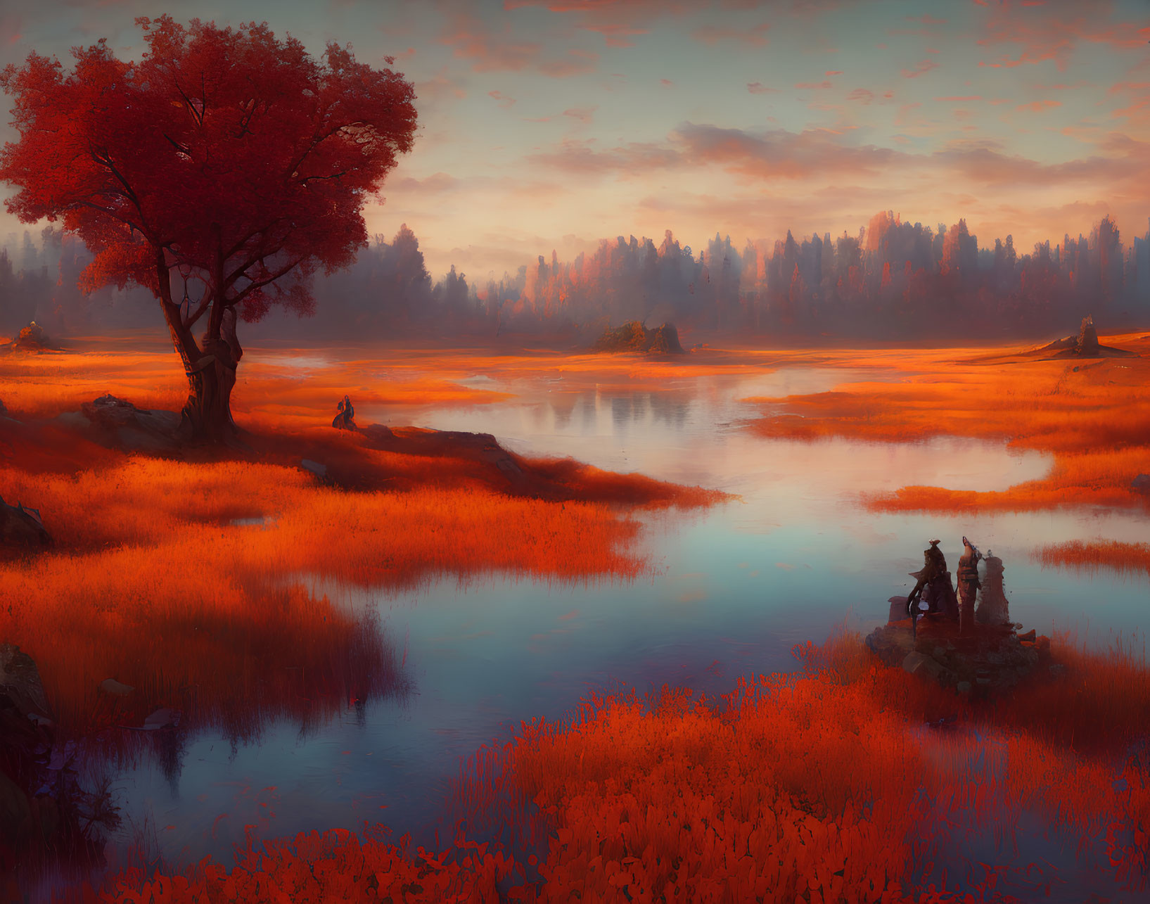 Tranquil dusk scene: red tree, serene lake, autumn grass, figures on island