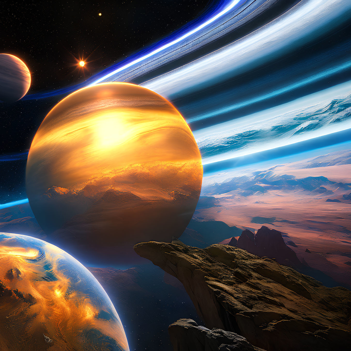 Vivid space art with rocky foreground, celestial bodies, giant planet rings, and distant star