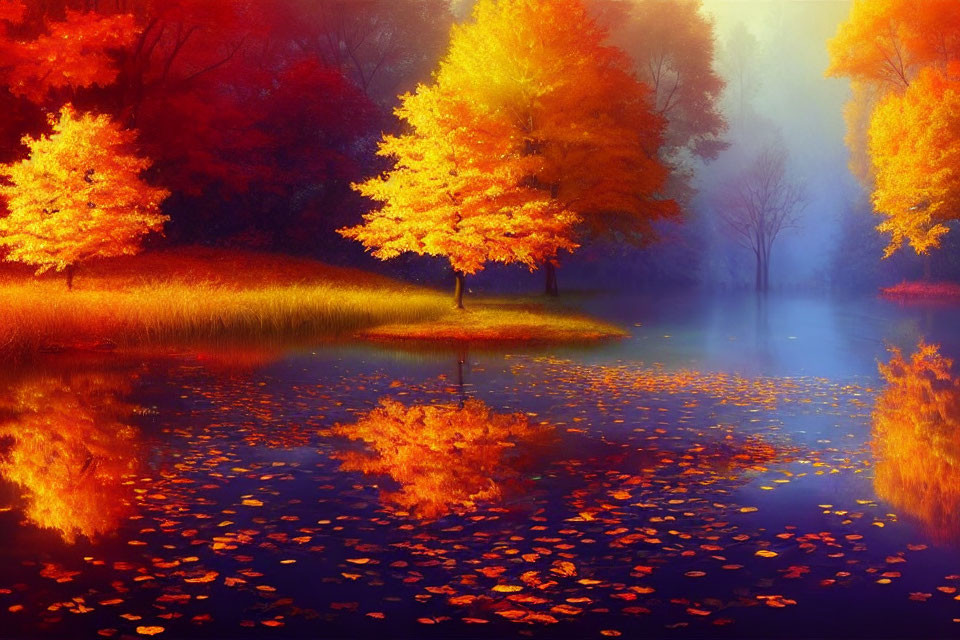 Colorful autumn trees mirrored in serene lake under misty sky