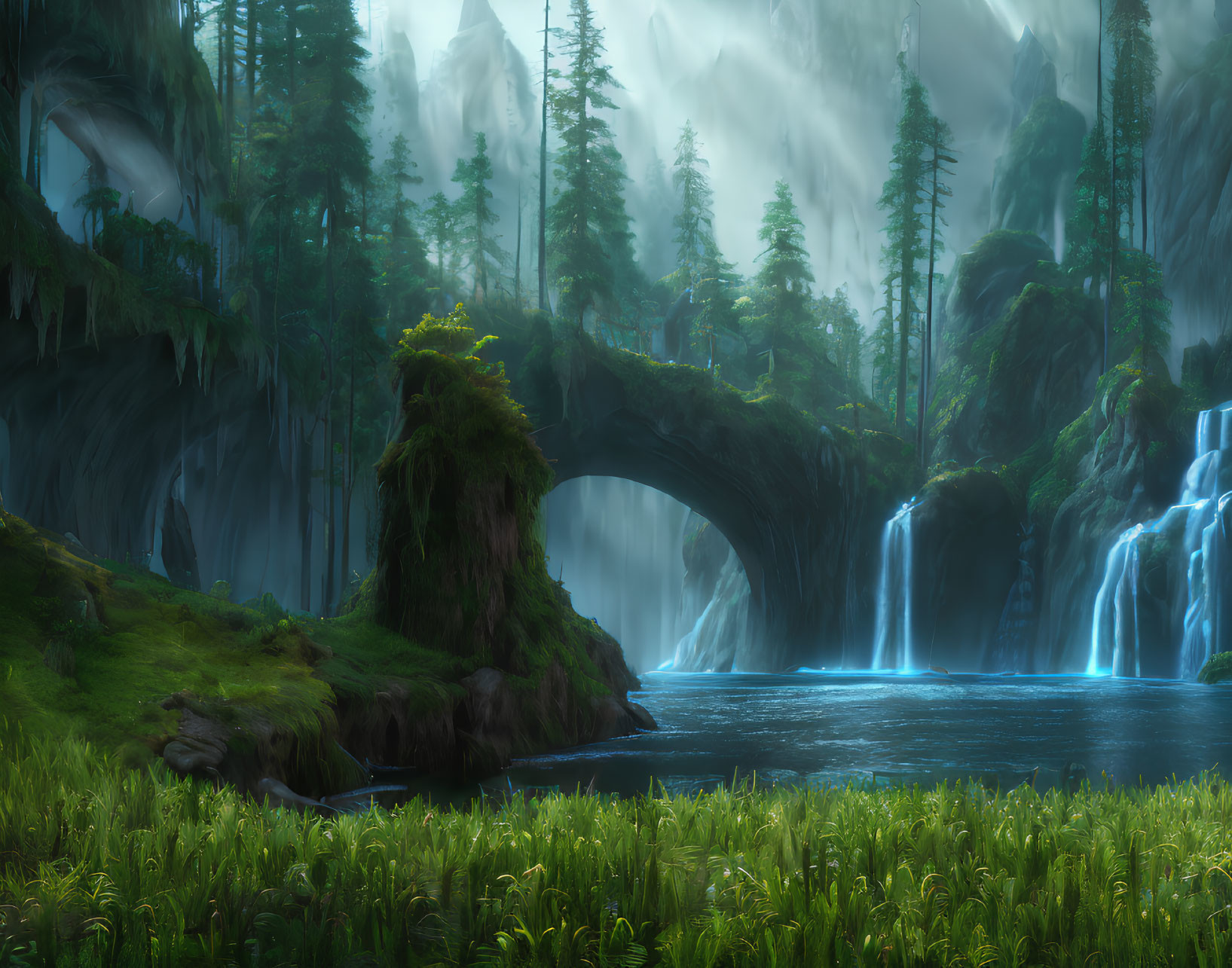 Enchanting forest landscape with waterfalls, natural bridge, and serene river