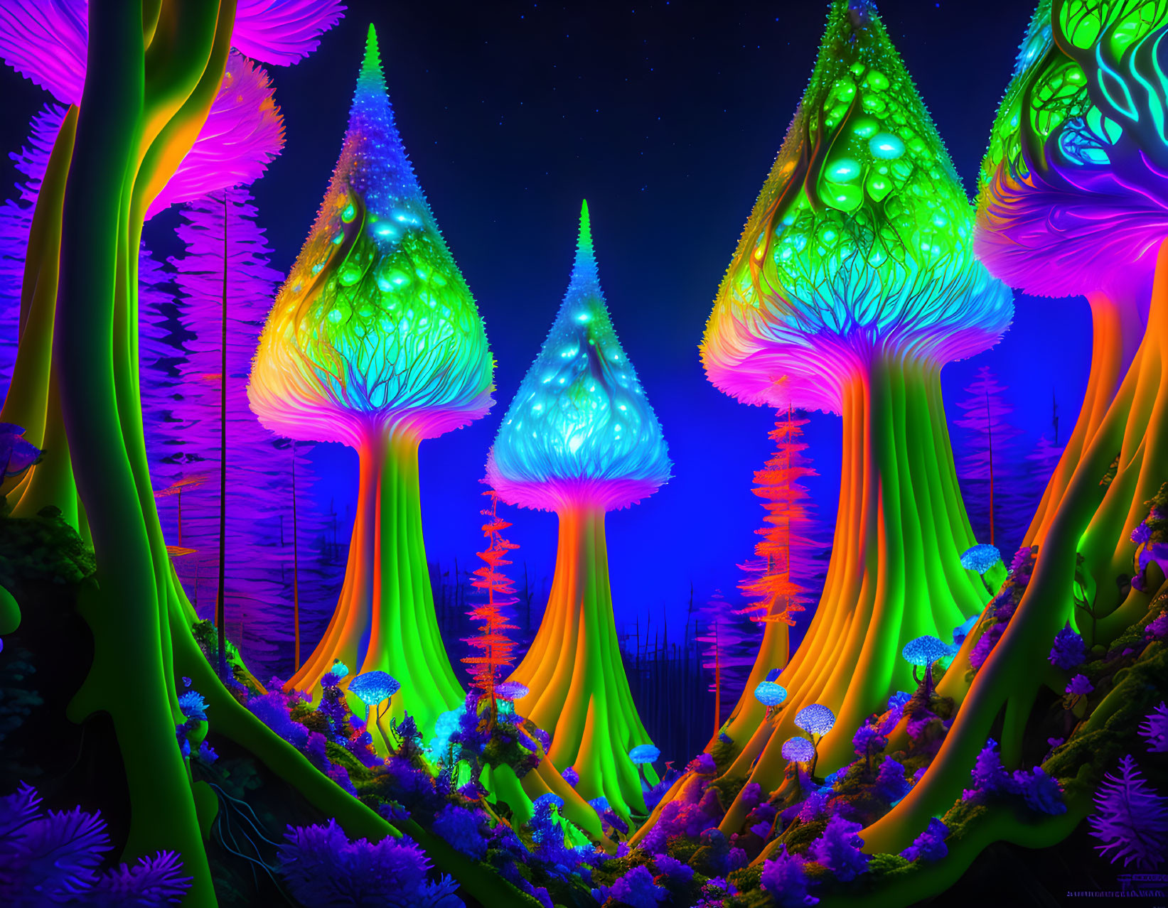 Neon-hued fantastical trees in a starry night digital artwork