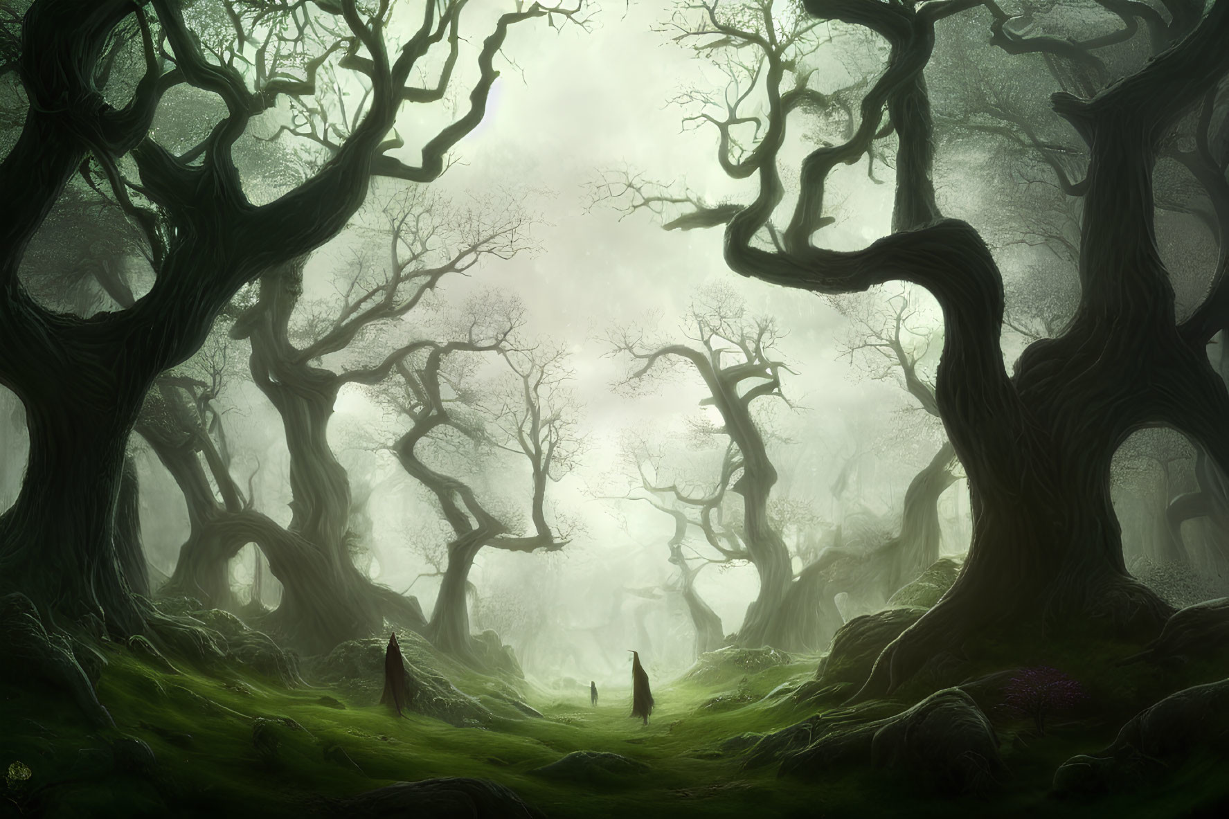 Ethereal forest scene with ancient trees, misty backdrop, and cloaked figures.