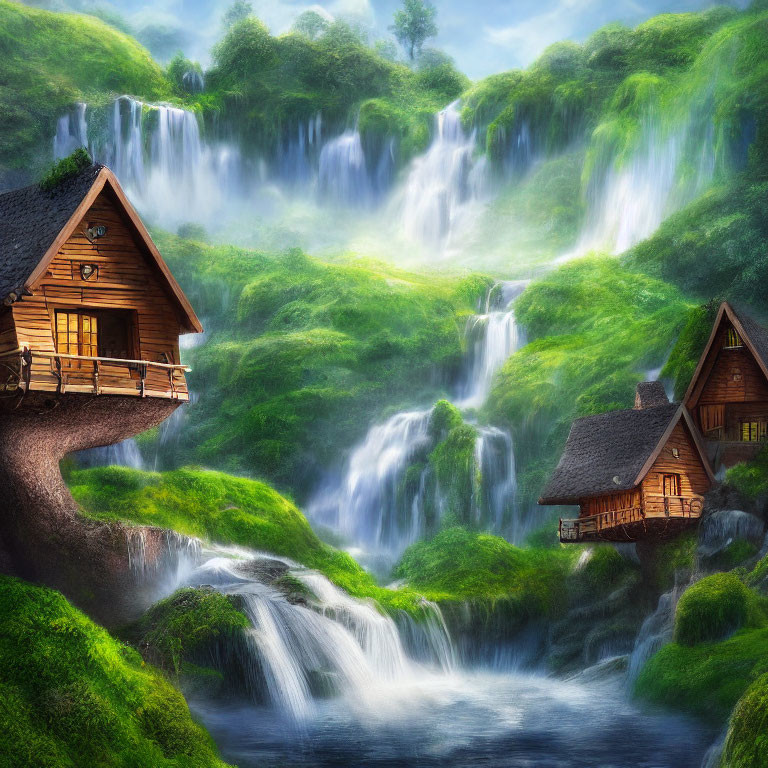Tranquil landscape with wooden cabins, lush hills, and cascading waterfalls