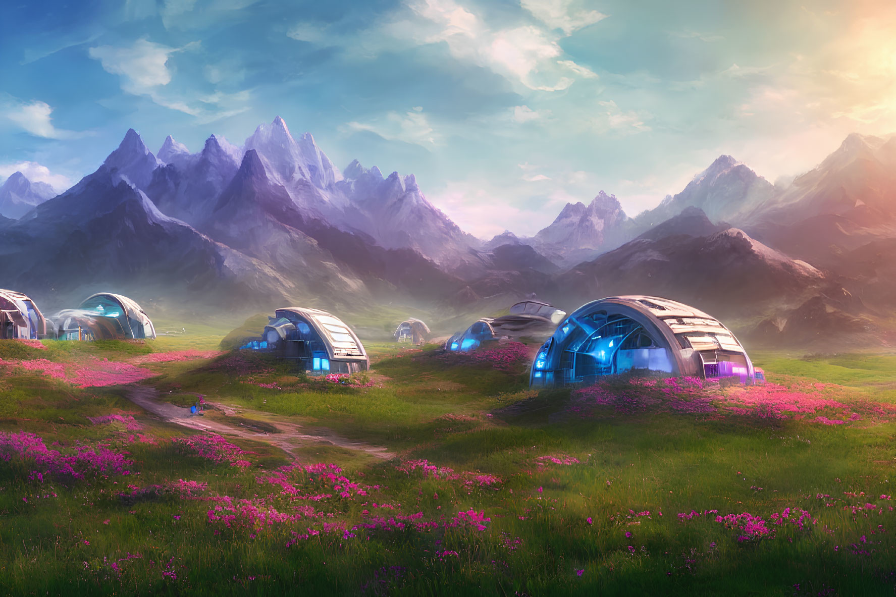 Futuristic colony with domed habitats in idyllic setting