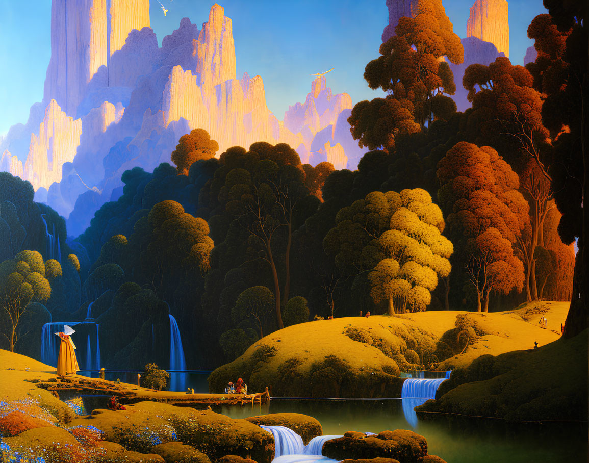 Vibrant landscape with cliffs, waterfall, trees, and tiny figures