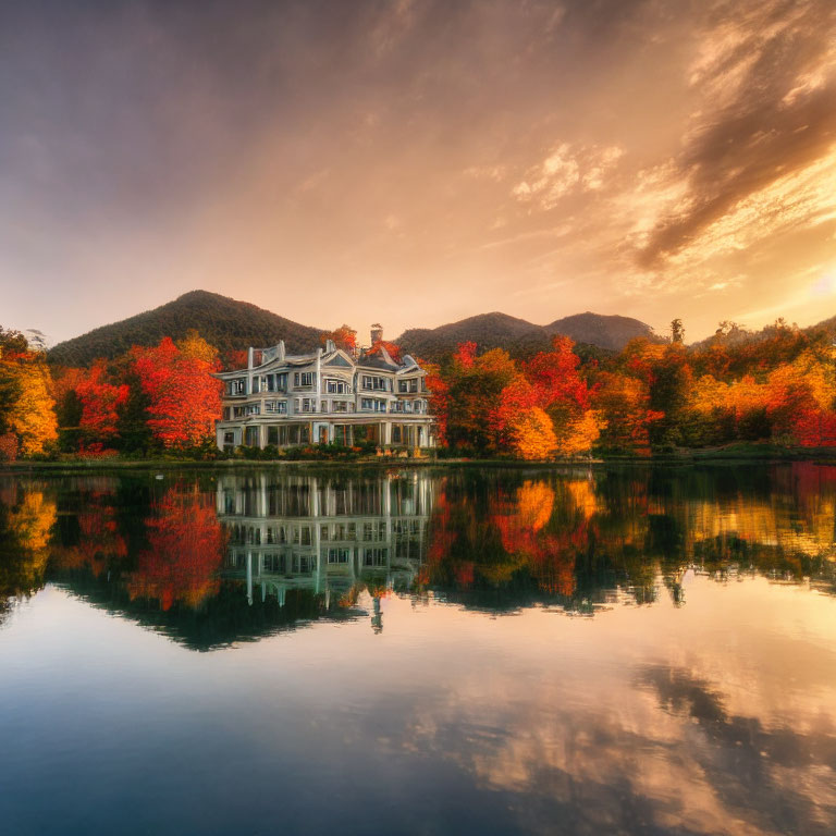 Tranquil autumn landscape with grand house, lake reflection, fall foliage, and mountains at sunset