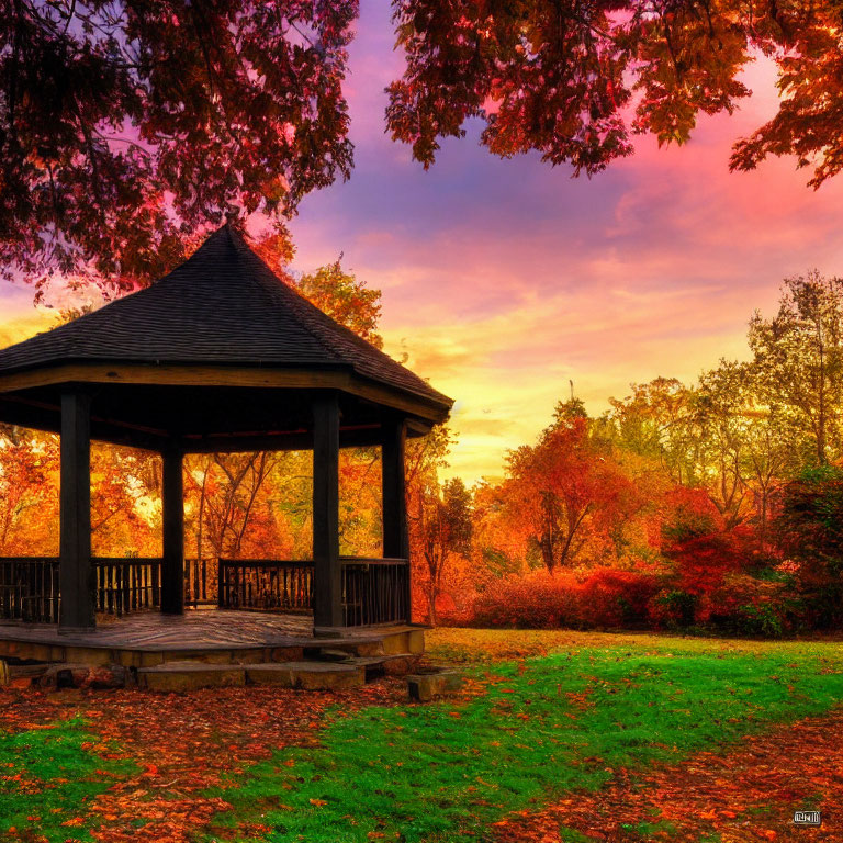 Tranquil Sunset Scene: Wooden Gazebo in Autumn Park