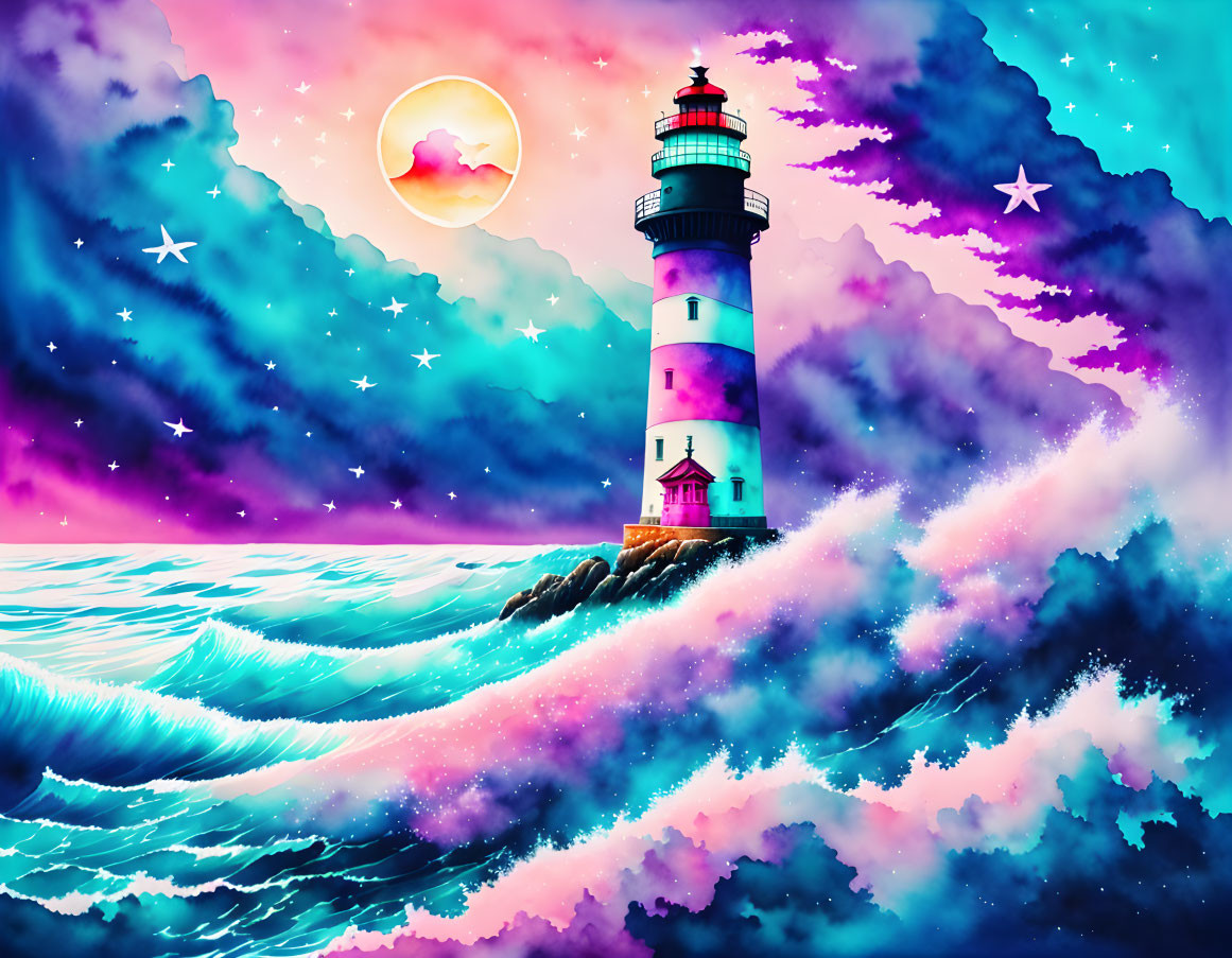 Digital artwork: Lighthouse on rocky shores with waves, pink and blue sky, moon, and stars