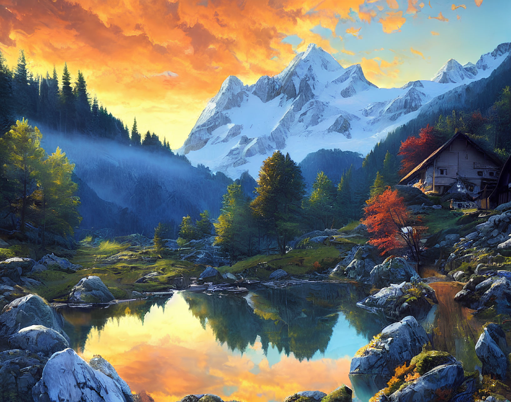Tranquil mountain landscape with cabin, autumn trees, lake, and sunset