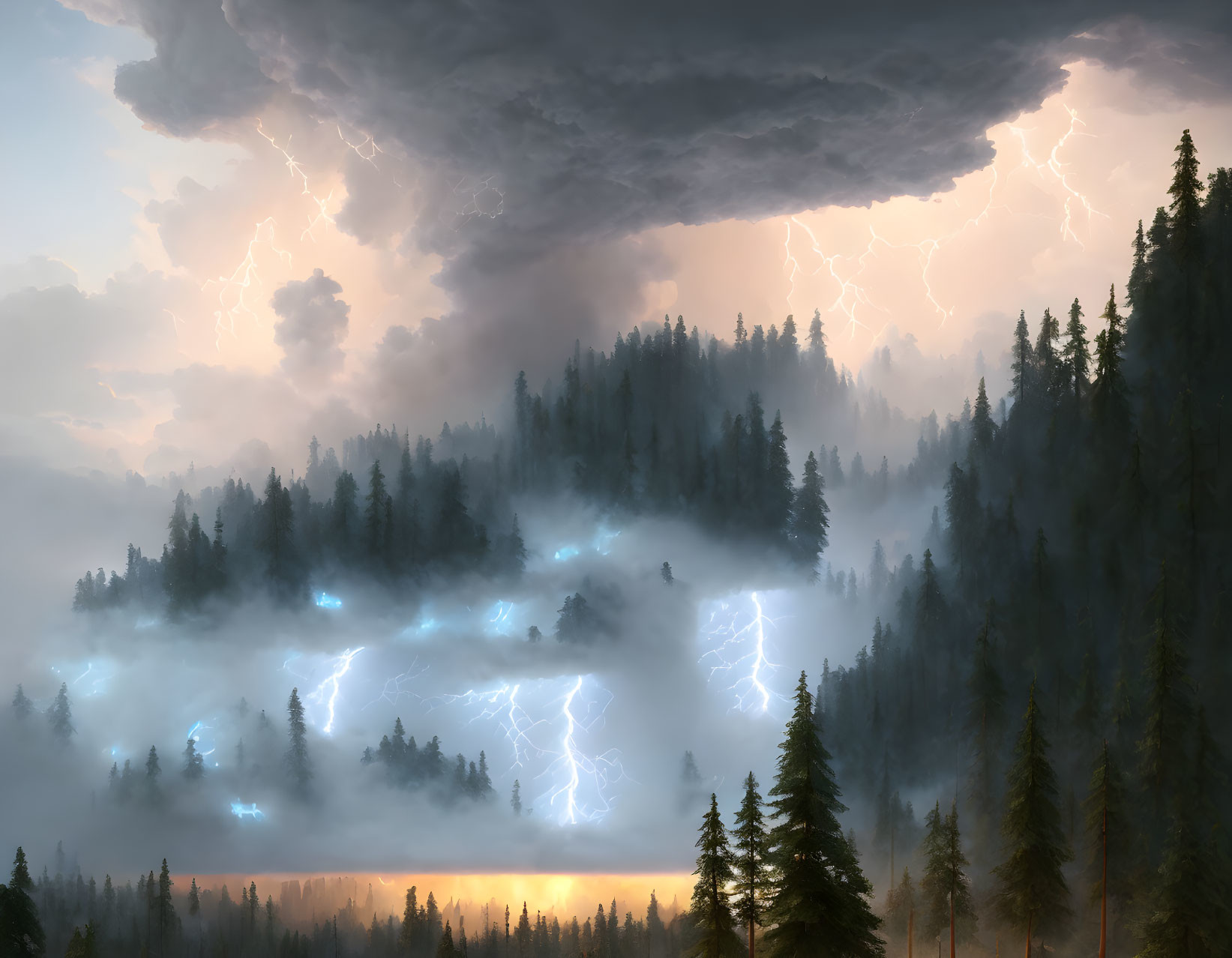Dramatic thunderstorm over dense forest with lightning strikes