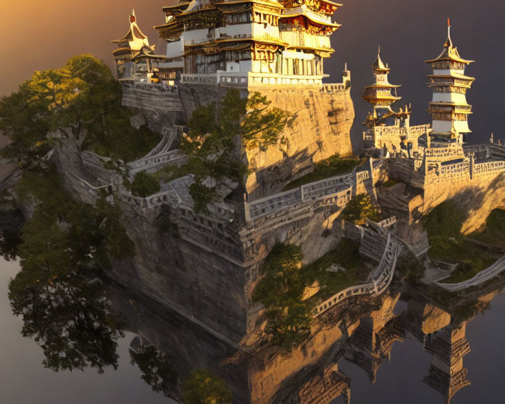Majestic Asian-inspired palace complex on cliff with sunset reflection