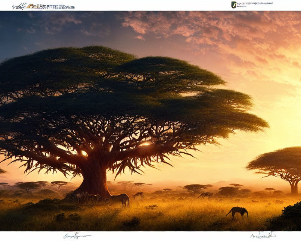 Majestic baobab tree in African savannah at sunset with grazing giraffes
