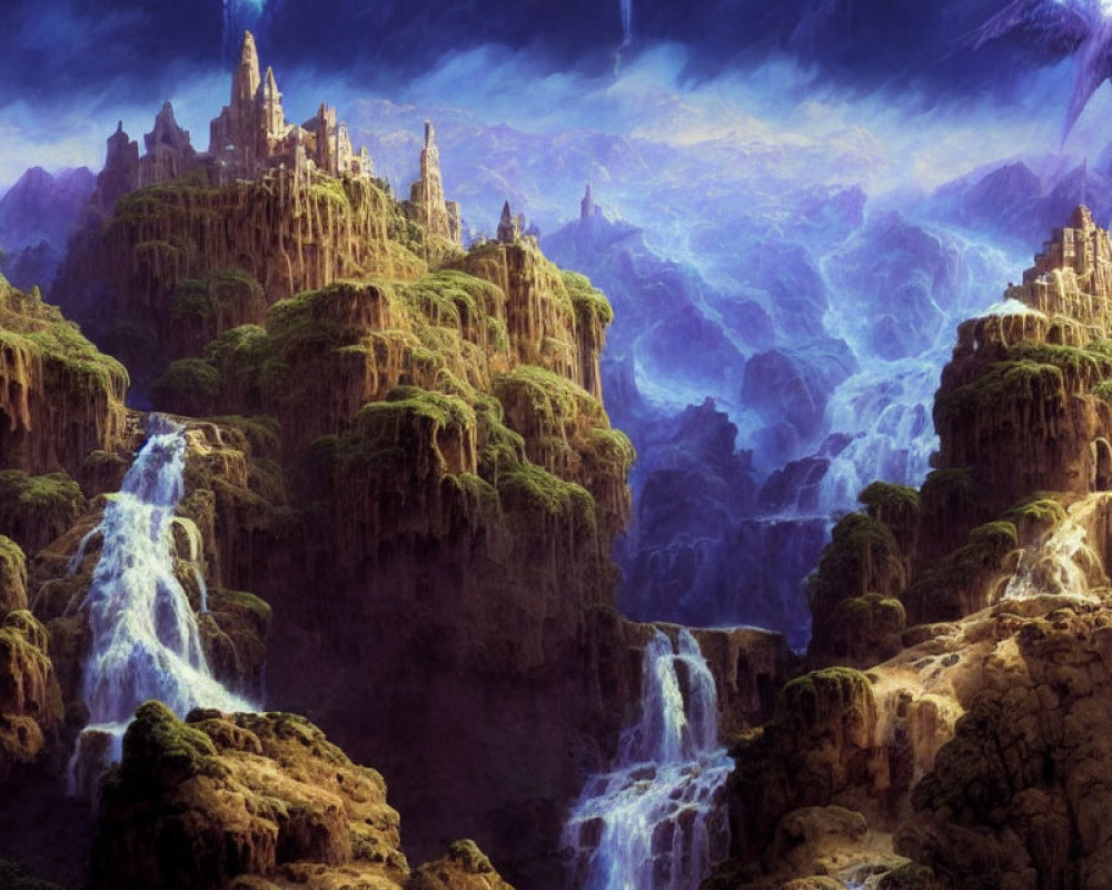 Mystical fantasy landscape with waterfalls, castles, mountains