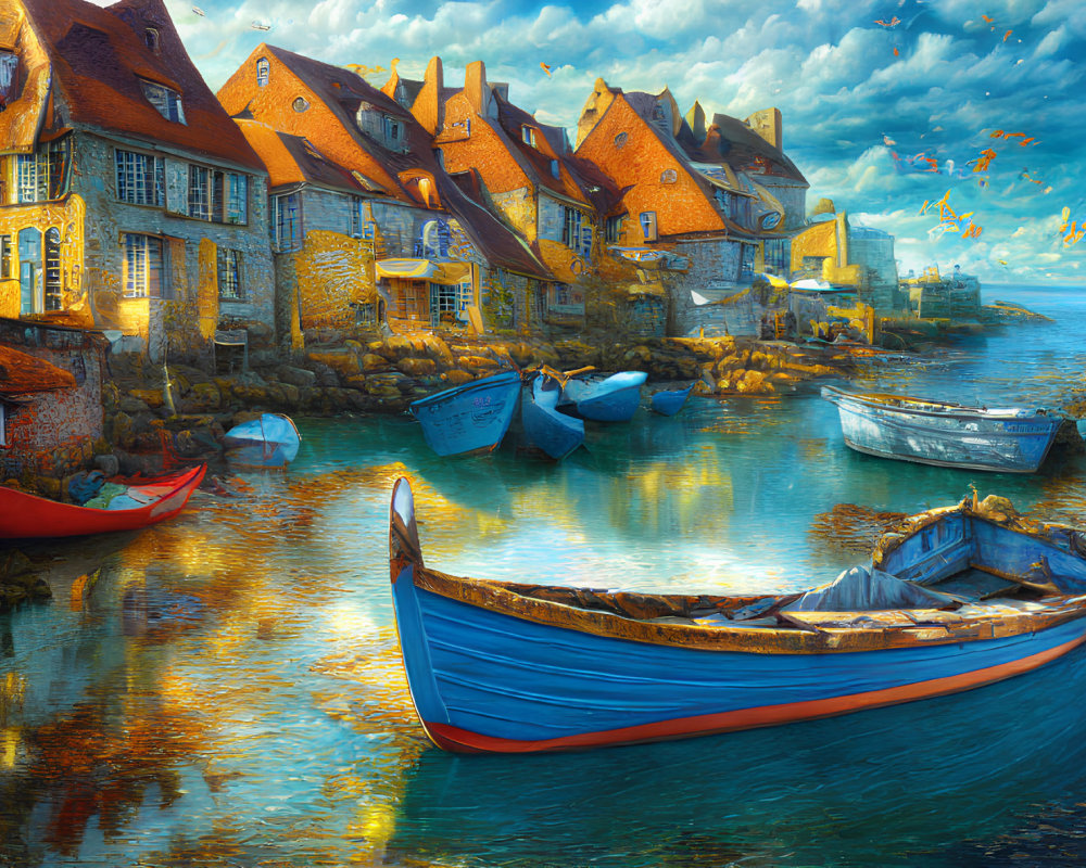 Colorful boats, stone houses, and clear sky in coastal scene
