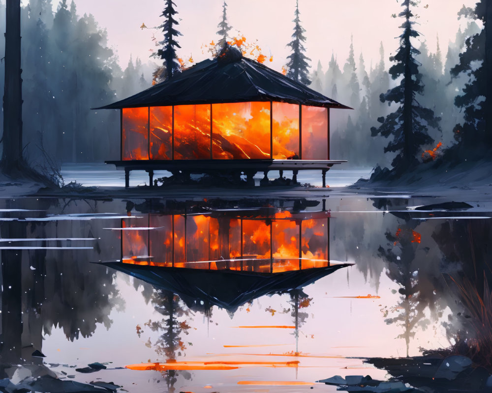 Glass house reflection on serene lakeside at dusk with orange glow.